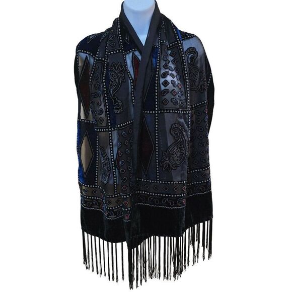 Velvet & Sheer Patchwork Paisley Design Shawl With Fringe - Black Red & Blue - Picture 2 of 8